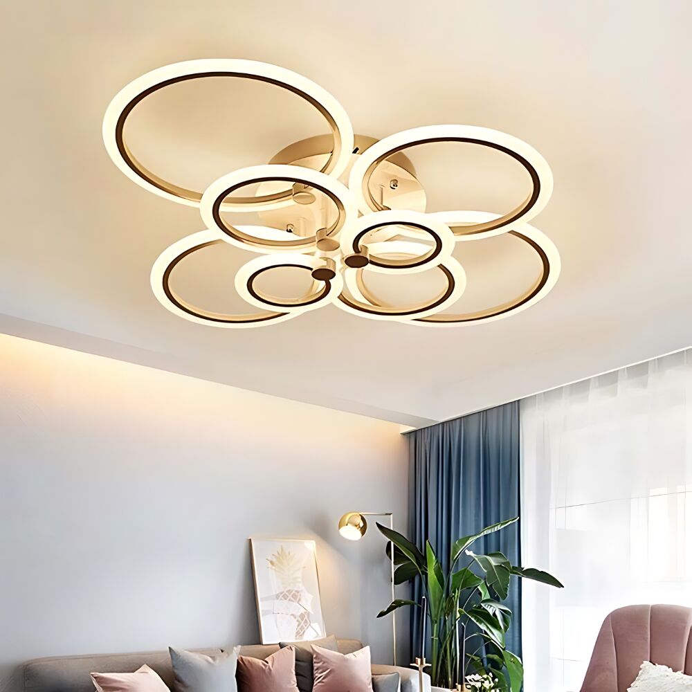 8 gyűrűs LED JOZY® csillár, 232 W, 96x80x16 cm, intenzitás távirányítóval állítható, 2 világítási funkció, hideg/meleg, 3000-6500K, 240V, matt fehér akril