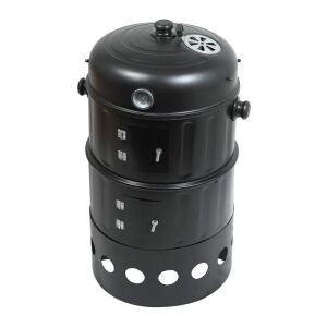 PISA 3 az 1-ben faszén grill, BBQ, füstölő, fekete, fedéllel, hőmérővel és állítható szellőzőkkel - Cattara