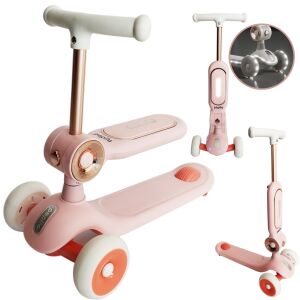 Pepita Glowy 2u1 Dječji romobil sa sjedalom i LED svjetlima, Ružičasta, 3-kotačni romobil, sklopivi, podesive visine, glazba, svjetla - Dječji romobil