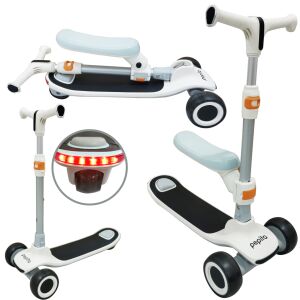 Pepita Striky 2in1 foldable kids scooter with seat and LED lights, white and grey, showing the scooter in different angles and features - Kids' Scooter