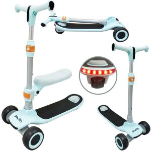 Pepita Striky 2in1 foldable kids scooter with seat and LED lights, blue and grey, 3/4 view - Kids' Scooter