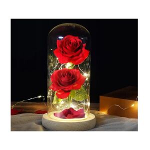 Trandafir roșu în cupolă de sticlă cu lumini LED, cadou perfect pentru femei - Idee de cadou pentru Valentine's Day