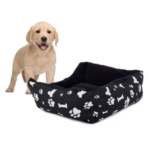 Veľká čierna psí posteľ s potlačou labiek a kostí, pohodlná pre psov - Pelechy pre psov