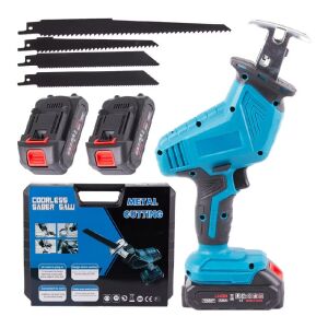 Mini akkumulátoros dugófűrész, 250W, 3000 rpm, 2 x 3Ah akkumulátor, 4 15-20 cm, tokkal, 33x18x11,5 cm, Kék