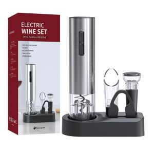 Elektryczny otwieracz do wina, zestaw 5 w 1, z podstawą ładującą, napowietrzaczem do nalewania, nożem do folii, srebrny - Narzędzie paska