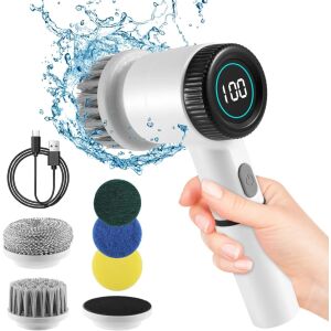 Bezdrôtová elektrická čistiaca kefa s 5 vymeniteľnými hlavami, 3 rýchlosťami, nabíjaním cez USB a digitálnym displejom batérie - Dom&záhrada