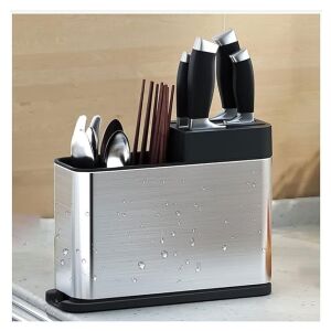 Suport pentru tacâmuri și ustensile de bucătărie din oțel inoxidabil și plastic cu scurgere, argintiu-negru, 20,8x27,2x9 cm - Depozitare și organizare