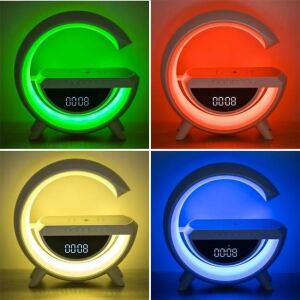 Colag cu lampa inteligentă i-JMB 4 în 1 cu lumini de diferite culori, care prezintă ceasul, difuzorul și pad-ul de încărcare wireless. - Încărcătoare wireless