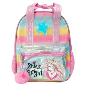 Rózsaszín unikornisos óvodai hátizsák pomponos kulcstartóval, holografikus mintával, csillag és egyszarvú részletekkel, 'Shine Bright' felirattal, alkalmas óvodába és mindennapi használatra - Ovis hátizsák, táska