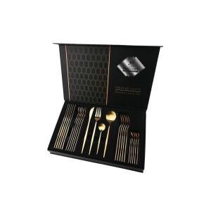 Zestaw sztućców 24-częściowy w kolorze złotym w czarnym pudełku, wysokiej jakości stal nierdzewna, polerowany na wysoki połysk, styl portugalski - Zestaw sztućców