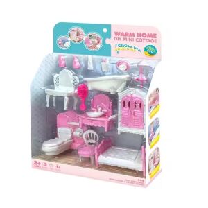 Fürdőszoba és hálószoba bútor szett babáknak, 3 éves kortól, 30x23x7cm, rózsaszínű