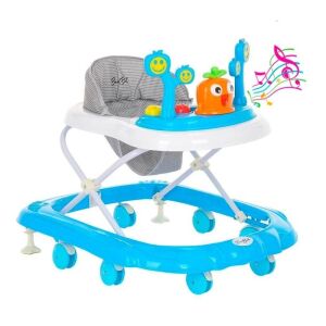 Chodzik dla niemowląt z muzyką i zabawkami, w kolorze niebieskim i białym, dla dzieci od 6 miesiąca życia - Bébikomp