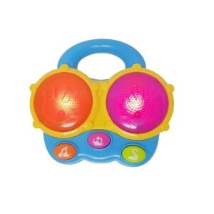 Elülső nézet a Mini zenei dob baba játékról 18 hónapos kortól, fényekkel és hangokkal, sárga és kék, a gombok és a dobok láthatóak - Zenélő játék