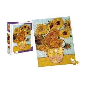 300 darabos kirakós játék Vincent van Gogh Napraforgók című festményével, a kész kirakós és a doboz látható - Puzzle & Kirakó
