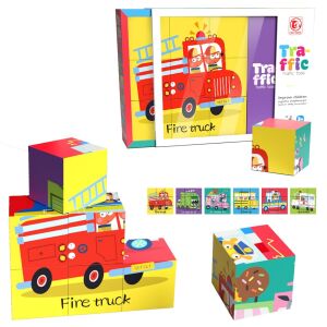 6 w 1 Puzzle Traffic z 9 klockami, przedstawiające różne pojazdy, w tym straż pożarną, karetkę, samochód policyjny, autobus, śmieciarkę i wiele innych. Idealne do rozwijania umiejętności motorycznych, koordynacji wzrokowo-ruchowej i logicznego myślenia. - Puzzle