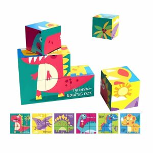 Puzzle 6 în 1 cu blocuri de dinozauri, 9 piese, Tyrannosaurus Rex, colorat, jucărie educativă pentru copii - Puzzle pentru copii