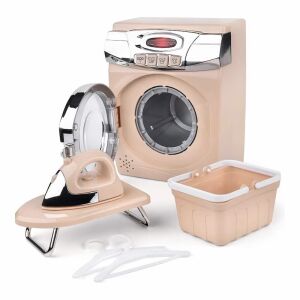 Mosógép és vasaló készlet, 3 éves kortól, hangokkal és fényekkel, valósághű tartozékokkal, tapintható funkciókkal, krém színben.