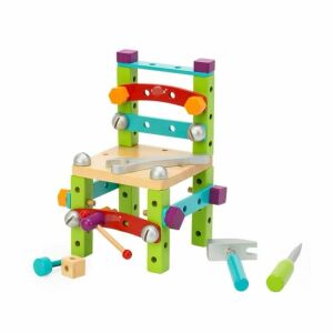 Összeszerelő szék, fából, szerszámokkal, 3 éves kortól, 20x17x28 cm, több színű