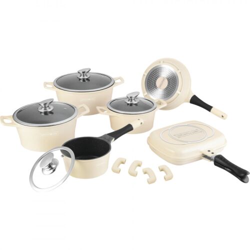 Fazekak és serpenyők készlet Royalty Line RL-ES1015M, 15 darab, Indukciós, Márvány bevonat, Krém