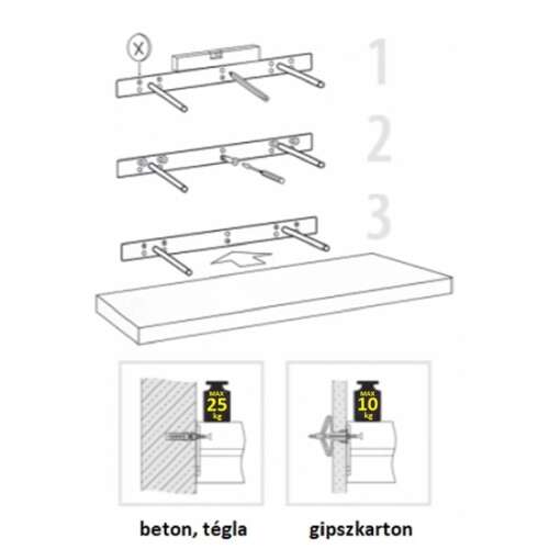 Lebegőpolc 59,5 x 23,5 cm wenge (barna) 65084 lebegő polc felszerelési útmutatója