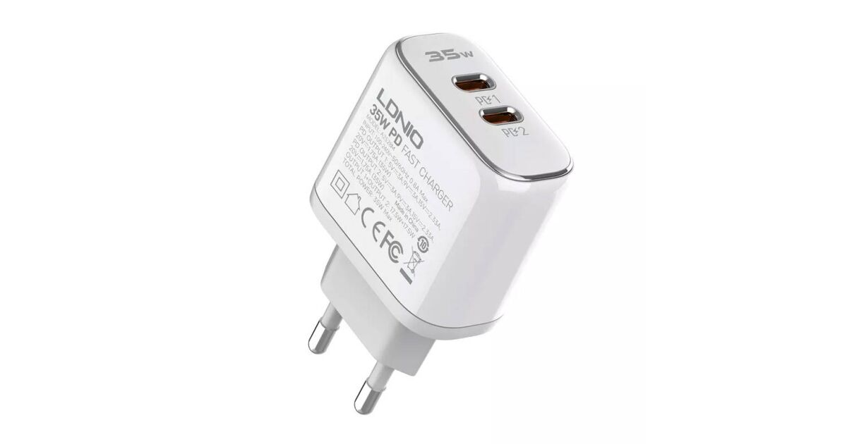 LDNIO A2528M Napájacia nabíjačka s konektorom 2xUSB-C a káblom Type-C - Lightning 35W biela 120450660