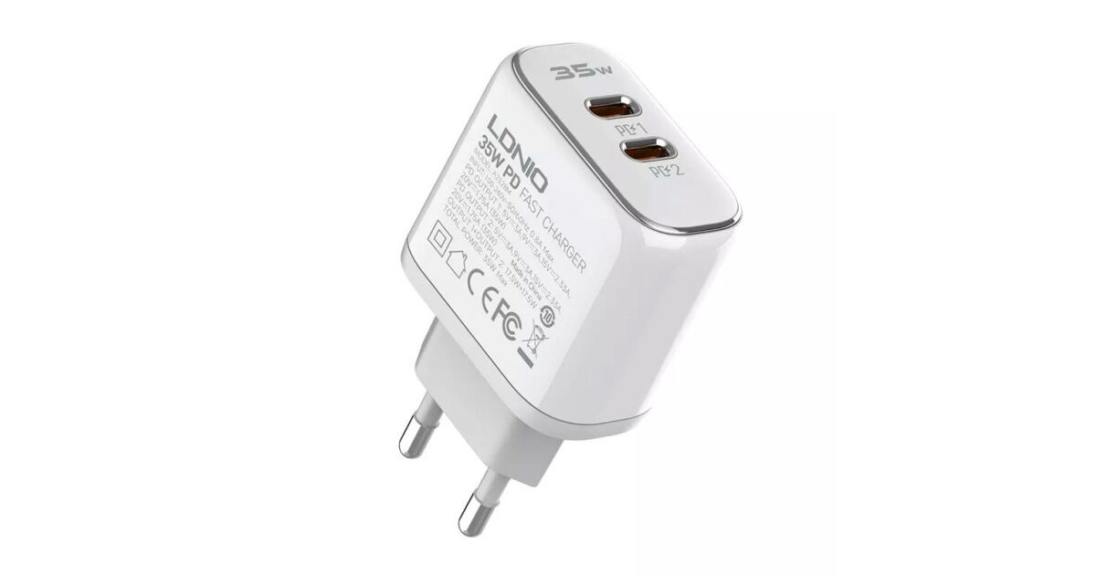 LDNIO A2528M Napájacia nabíjačka s konektorom 2xUSB-C a káblom Type-C - Lightning 35W biela 120450660