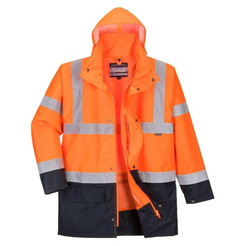 Portwest Essential 5 az 1-ben jól láthatósági munkavédelmi kabát, narancssárga és sötétkék színben, fényvisszaverő csíkokkal, kapucnival, cipzárral zárható - Munkakabát