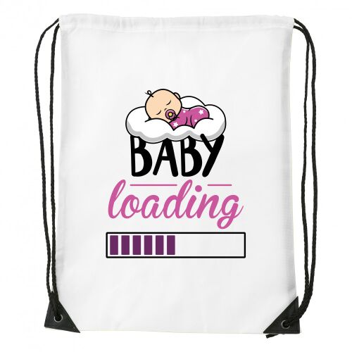 Fehér húzózsinóros táska rózsaszín 'Baby loading' mintával, ideális baba kellékek szállításához - Irodaszer és írószer