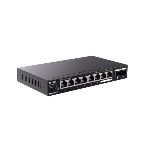 Szögletes nézet a Tenda TEM2010X 2.5G Ethernet Switch-ről 8x 2.5Gbps porttal és 2x 10Gbps SFP+ porttal