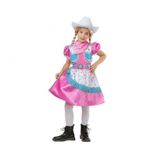 Cowgirl jelmez lányoknak, rózsaszín ruha kék mellénnyel, fehér kalappal és sállal, 92/104 cm