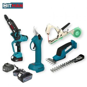 Hitman 4 az 1-ben akkus kerti szerszám készlet, tartalmaz láncfűrészt, metszőollót, sövényvágót és növénykötözőt - HITMAN