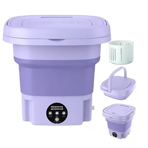 JOZY® hordozható és összecsukható mosógép, 3 mosási program, centrifugálás funkció, 6,5 literes űrtartalom, lila, könnyen tárolható, tökéletes kempingezéshez