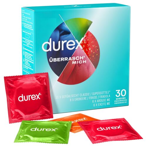 Durex Surprise Me óvszer csomag, 30 darabos válogatás: bordázott, pontozott, ízesített