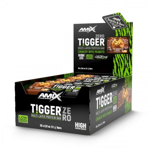 20 darabos AMIX Nutrition TIGGER Zero fehérjeszelet, sötét csokoládé-karamell ízű, alacsony cukortartalmú, magas fehérjetartalmú, mogyoróval - Energiaszelet