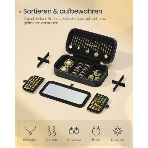 Fekete utazó ékszerdoboz rekeszekkel nyakláncokhoz, fülbevalókhoz, gyűrűkhöz és karkötőkhöz.