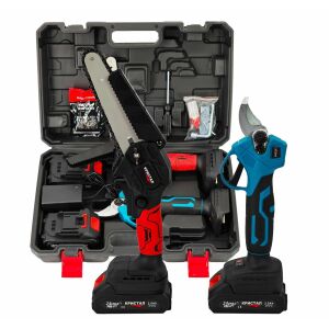 KRISTAL 24V akkumulátoros elektromos metszőolló és mini láncfűrész készlet 2 akkumulátorral, töltővel és tartozékokkal - DDT