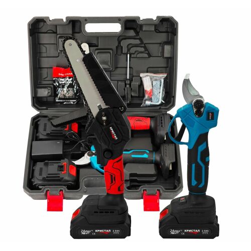 KRISTAL 24V akkumulátoros elektromos metszőolló és mini láncfűrész készlet 2 akkumulátorral, töltővel és tartozékokkal