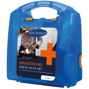 Actiomedic Brandwunde Erste Hilfe Set, 19-teilig, blaue Plastikbox mit rotem Kreuz und einem Bild eines Kochs beim Kochen - Erste Hilfe