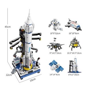 QMAN 42302 Stavebnica 6 v 1 Vesmírny astronaut, zobrazuje zostavenú raketu, astronauta, raketoplán, rover, pristávací modul a satelit s rozmermi - QMAN