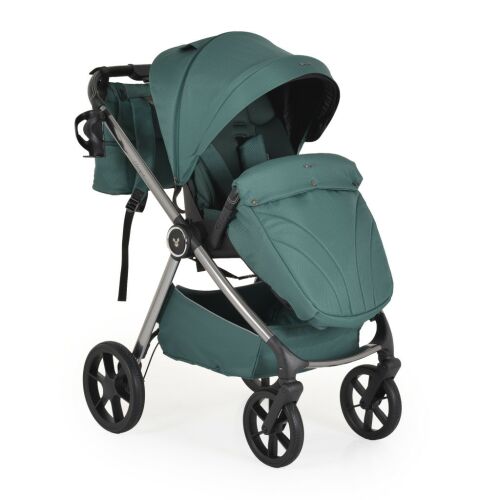 Cangaroo UNIQUE 3in1 babakocsi szett zöld színben, a babakocsi látható a hordozó üléssel, a mózeskosárral és az autósüléssel - Cangaroo