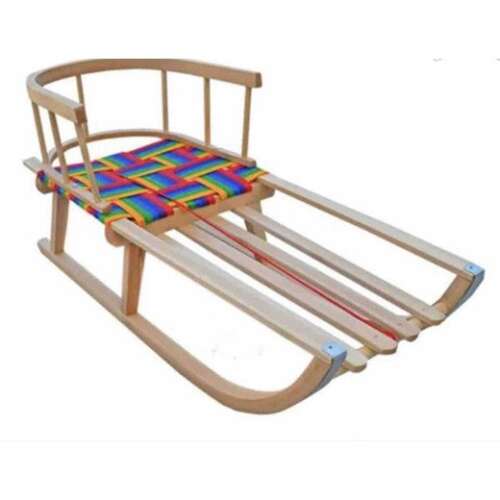 Premium beech wood sled with backrest and colorful woven seat
