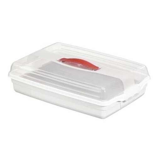CURVER PARTI KÍNÁLÓTÁL, recipient transparent și alb dreptunghiular pentru alimente cu capac și mâner, perfect pentru depozitarea și transportul torturilor și sandwich-urilor