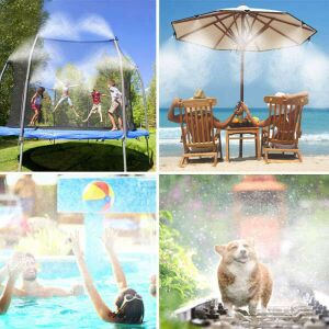 Aquadon Nebelsystem im Einsatz: Kühlung von Trampolin, Sonnenschirm, Pool und Hund - Dampftore & Wasservorhänge