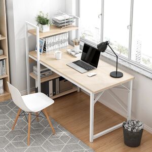 Birou alb pentru calculator cu rafturi, finisaj stejar, FUR1931-2 - Birouri