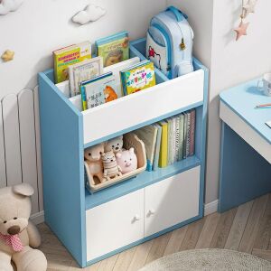 Bibliotecă pentru copii albastră și albă cu rafturi și uși, BeComfort GB01-3 - Rafturi de depozitare și organizatori pentru jucarii