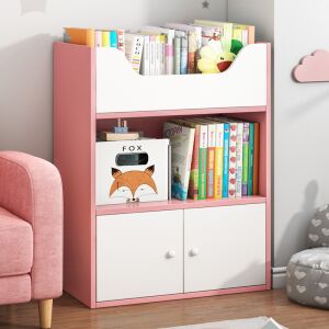 Bibliotecă roz pentru copii cu 2 uși, 2 rafturi și un raft superior pentru depozitare, BeComfort GB02-4 - Rafturi de depozitare și organizatori pentru jucarii