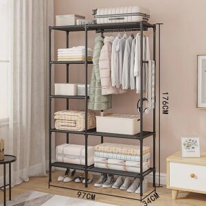 Čierny kovový stojan na oblečenie s policami a vešiakom, 176x34x97cm - Skrine