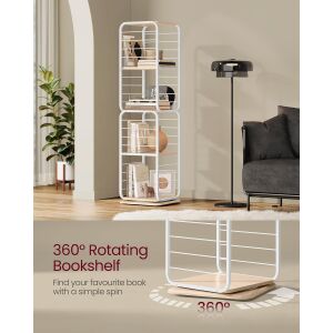 Otočný regál Vasagle s 4 úrovňami v obývacej izbe, s detailným záberom na funkciu otáčania o 360 stupňov - Knižnice a regály