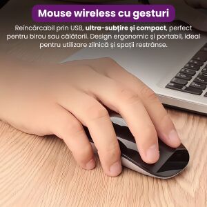 Vezeték nélküli egér BRAGUS, mozdulatokkal, USB-n keresztül újratölthető, ultravékony, kompakt és hordozható, kompatibilis laptoppal, telefonnal vagy táblagéppel, műanyagból, fekete