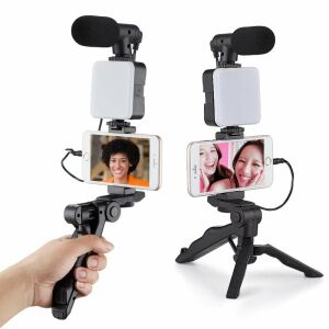 Kit de filmare Welora pentru smartphone cu trepied, microfon, lumină LED și telecomandă - Trepiede foto/video pentru telefoane/aparate